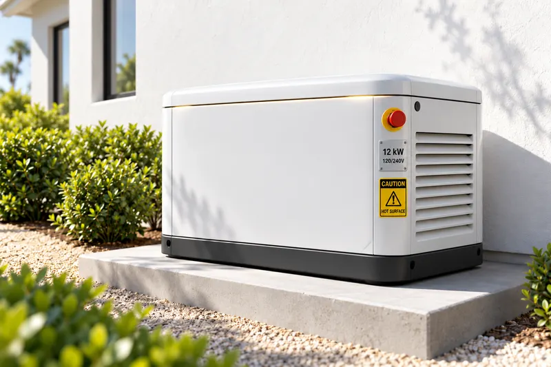 A standby generator beside a white house