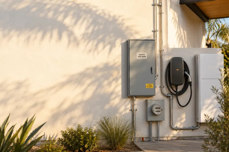 Brushed-metal electrical panel, EV charger and battery on a SoCal stucco wall