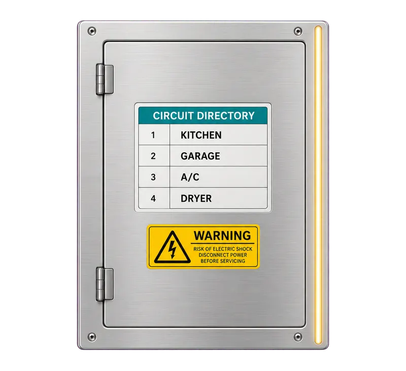 A panel cover with a circuit directory label and a warning sticker