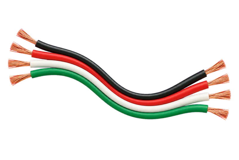 A bundle of black, red, white and green wires with copper ends