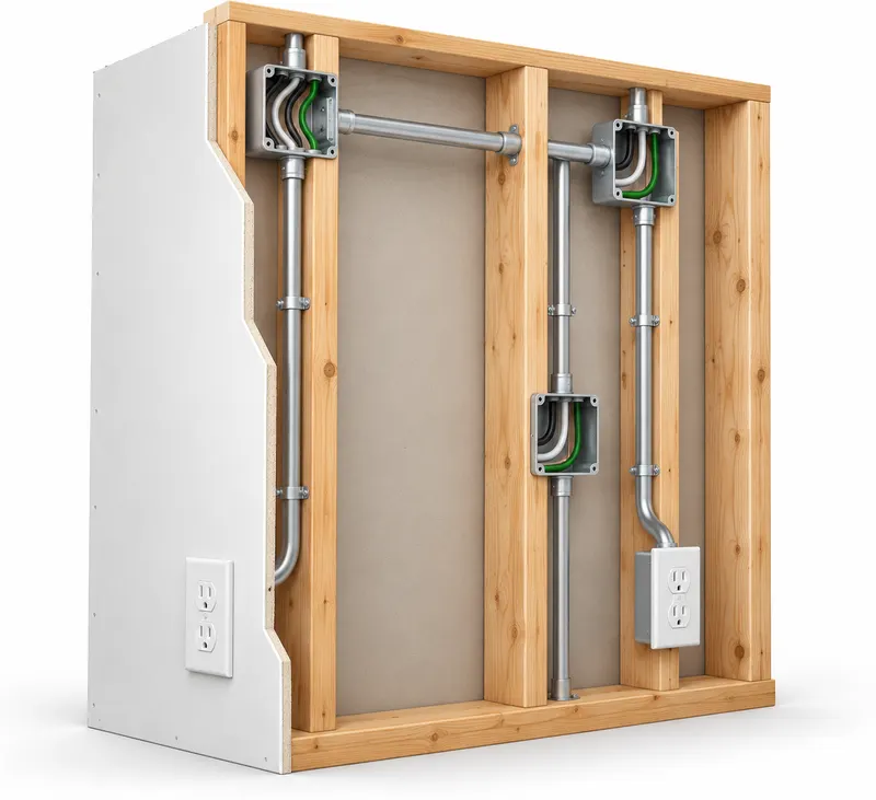 A wall cutaway showing studs, conduit and wiring